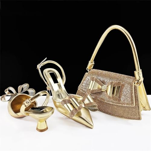 Women Shoes and Bag Set Gold Color Butterfly-kont Design Party Wedding High Heels Pointed Women Shoes and Bag Set2