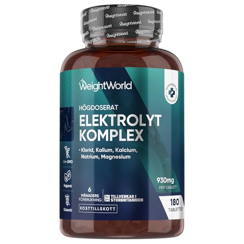 Elektrolyttabletter – 930 mg per tablett – med magnesium, kalcium, kalium, natrium och klorid – 180 tabletter – Elektrolyttabletkomplex – Vegansk och glutenfri – GMO-fri – Från WeightWorld
