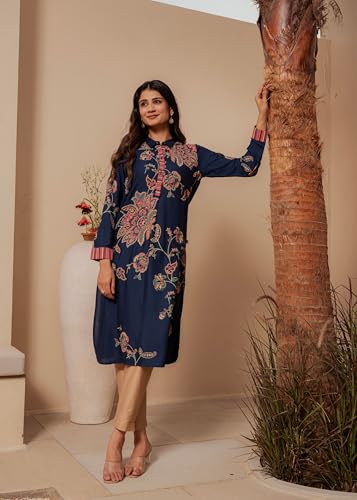 Image of Juniper Midnight Blue Floral Printed Viscose Kurta with Button Detailing