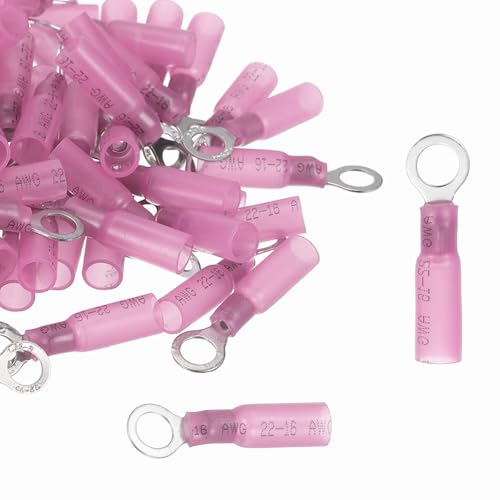 sourcing map 200pcs Heat Shrink Ring Connectors #10" Tinned Copper Insulated Ring Crimp Terminals 22-16 Gauge for Electrical Industrial Chemical Project, Red