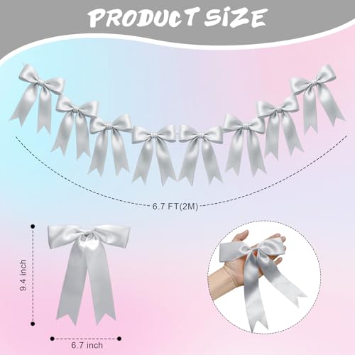 Image of 2 Strings of 16PCS Silver Bow Garlands Banner Decoration,Pre-Strung Satin Ribbon Ornaments for Birthday,Bachelorette Party,Bridal Shower,Wedding,Engagement,Baby Shower,Graduation Decor,Anniversary