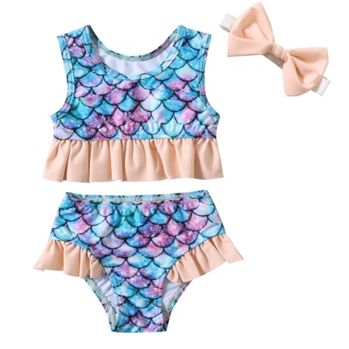 Dream Bus Baby 2 Piece Mermaid Swimsuit With Headband Toddler Girl Sleeveless Tankini Baby Girl Bikini Set Baby Bathing Suit cover