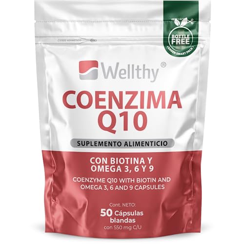 Aceites, Wellthy Coenzima Q10 100 Cápsulas. Co Q1030mg. Reforzado con Biotina, Omega 3, 6 y 9. 100 Porciones por Envase, Softgel, Bottle Free.