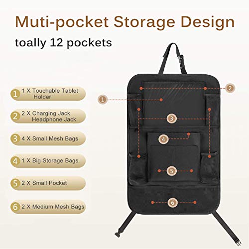 Car Seat Organizer Back Seat with 10" Tablet Holder Adjustable Straps 9 Storage Pockets Kick Mats Car Seat Back Protectors Great Travel Accessories for Kids and Toddlers 2 Pack + 2 Car Headrest Hook - Thumbnail 3