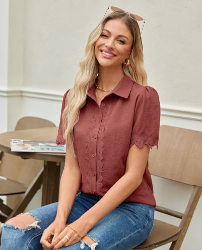 Image of siliteelon Womens Summer Button Down Lace Blouses Lapel Trim Dress Casual Shirts 2026 Fashion Business Short Sleeve Tops