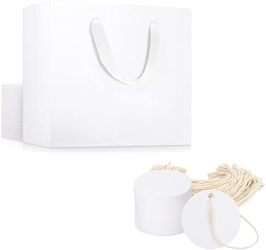EUSOAR 20 Pack Gift Wrap Bags and 100 Pcs Tags with String, 10.6x3.1x8.3 inches Small White Kraft Paper Bags Bulk for Wedding, Grocery, Boutique, Retail, Business, Party Favors, Birthdays