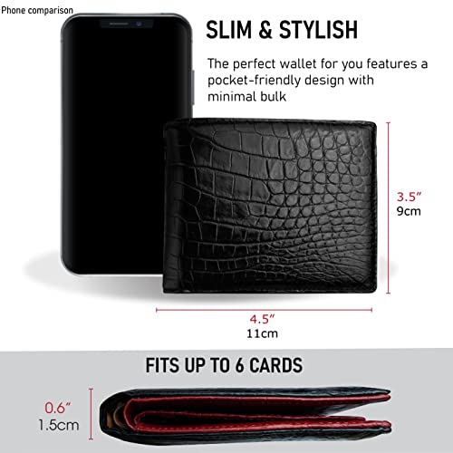 Image of HATA Black Red Bifold Leather Wallet for Men, Exotic Double-Sided Leather Wallet with RFID Blocking & ID Window Credit Card Holder, Handmade Gift for Birthday, Anniversary, Father's Day VILE-212