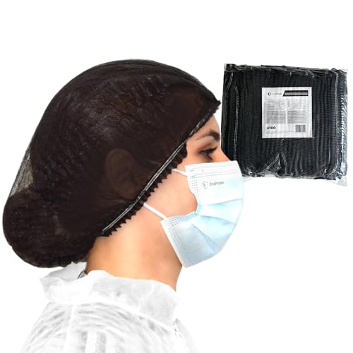 100 Gorros desechables no tejidos, doble elásticos y antipolvo, OneProtek - Gorro desechable 53 cm para el cabello, para médicos, servicio de comida, dentistas, laboratorios - Negro