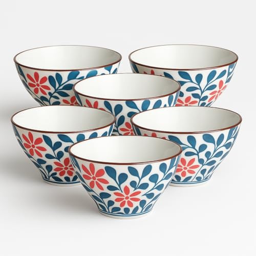 Image of YELONA Japanese Style Ceramic Bowls - 4.8 Inch (300ml), Set of 6 - Floral Design Rice /Noodle Bowls - Microwave & Dishwasher Safe, Ideal for Gifting Choice