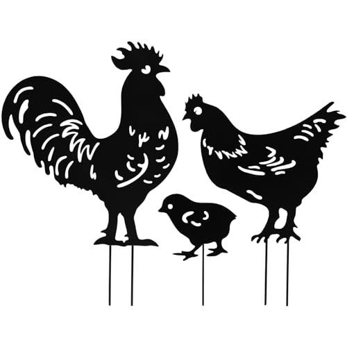 Lot de 3 piquets de jardin en métal pour jardin, décorations de poules, silhouette de coq créative, piquets de pelouse, poule noire décorative, art de la...