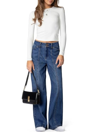 Sidefeel Women's Wide Leg Jeans High Waisted Stretchy Straight Leg Jeans Trendy Seamed Front Loose Denim Pants3