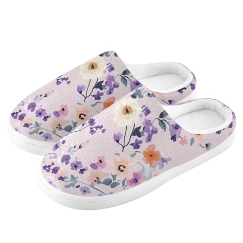 JUNZAN Cartoon Cute Flowers Purple Womens Cotton House Slippers Soft Memory Foam Mens Slippers for Outdoor Funny Presents 6-74