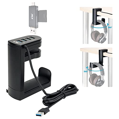 KIWIFOTOS Headphone Stand with 4 USB Ports Hub PC Gaming Headset Holder Hanger 360 Degree Rotation Clamp Under Desk Headphone Hook Mount with Cable Clip Organizer