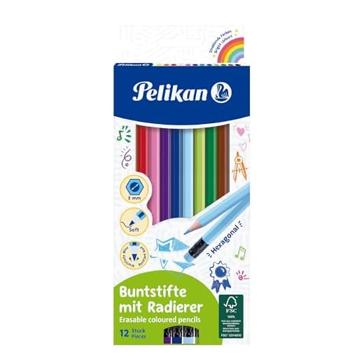 Pelikan Lápices de Colores con Goma de Borrar en el Cuerpo, Colores Lavables, Madera Certificada FSC, Ideal para la Escuela, para Niños y Adultos, Estuche de 12 Lápices, Colores Surtidos