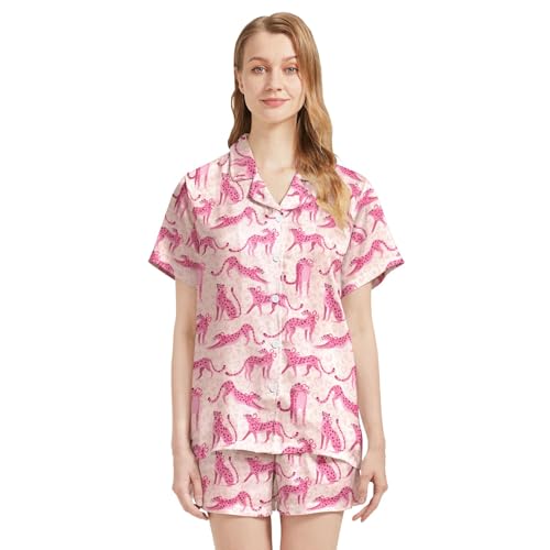 Image of Funny Pajamas for Women Set Print Satin Loungewear Pjs Short Sleeve Button Down Top and Shorts Sets Sleepwear XS-3XL