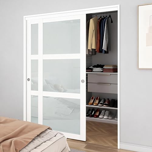 BARNSMITH 72x80 Sliding Closet Door, 3-Panels Preassembled Frosted Glass Door