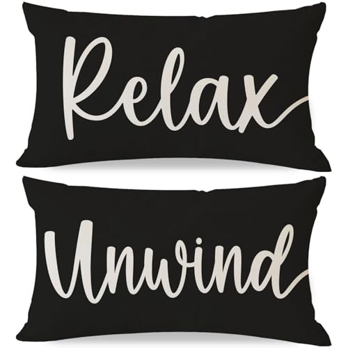 HERHOME Decorative Throw Pillow Covers 12x20 Inch Set of 2 Relax Unwind Black White Outdoor Farmhouse Front Porch Patio Decor Lumbar Cushion Case Decoration for Home Sofa Couch Living Room