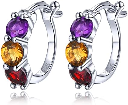 ZhenCai Hoop Earrings for Women Girls Solid 925 Sterling Silver Setting Natural Gemstone Birthstone Earring Simple Classic Elegant Style Rhodium Plated Fine Jewelry for Birthday (Purple+Yellow+Red)