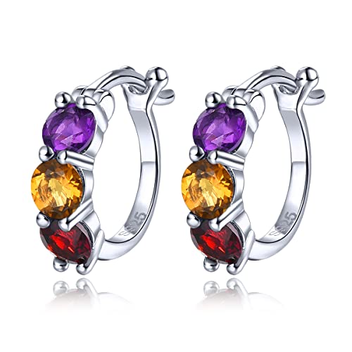 Zhencai Hoop Earrings For Women Girls Solid 925 Sterling Silver Setting Natural Gemstone Birthstone Earring Simple Classic Elegant Style Rhodium Plated Fine Jewelry For Birthday (Purple+Yellow+Red) #TOP15