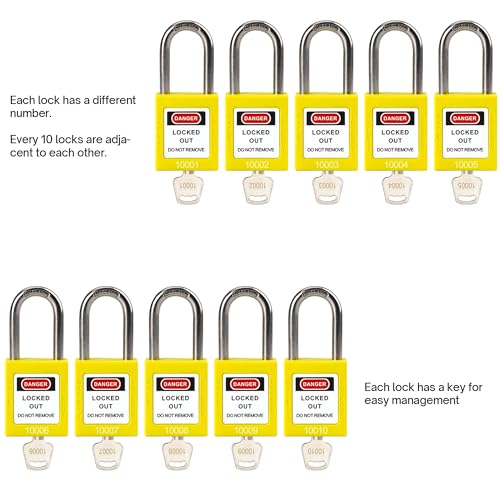Image of Lockout Tagout Locks with Brass Core, Keyed Different, 10 Yellow Safety Padlocks Keyed Different, 1 Keys Per Lock, OSHA Compliant Loto Locks for Electrical Lock Out Tag Out Kits