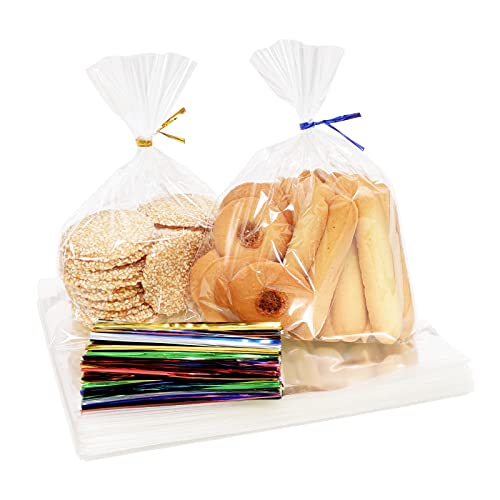 100PCS Cellophane Bags 6x8 inches, Clear Treat Bags with 4’’ Twist Ties, Plastic Cello Bags - 1.4 mils Thick OPP Rice Crispy Bags for Gift Goodie Favor Candy Cake Pop Birthday Party Cookies (6’’ x 8’’)