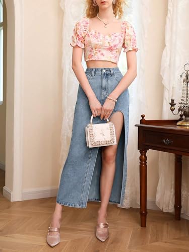Image of GRECIILOOKS Women's High Waist Denim Skirt with Front Slit - Long Maxi Jean Skirt Casual Fashion - Stylish Denim Skirts for Women