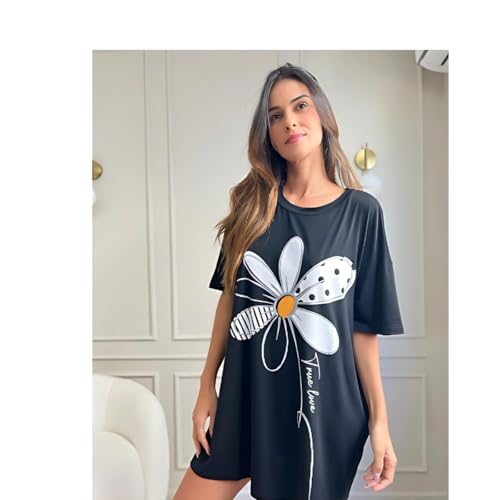 Camisola Feminina De Dormir Camisetão Verão Manga Curta Flor (Padrão, Preto, P)
