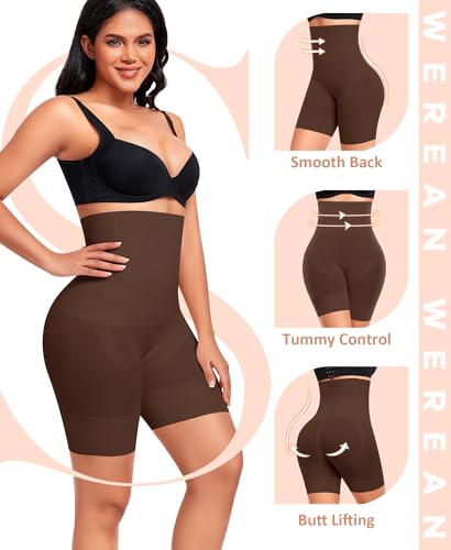 Image of Werena Tummy Control Shapewear Shorts for Women Seamless High Waisted Body Shaper Shaping Underwear Girdle Panties(A1# Brown-3, Medium)