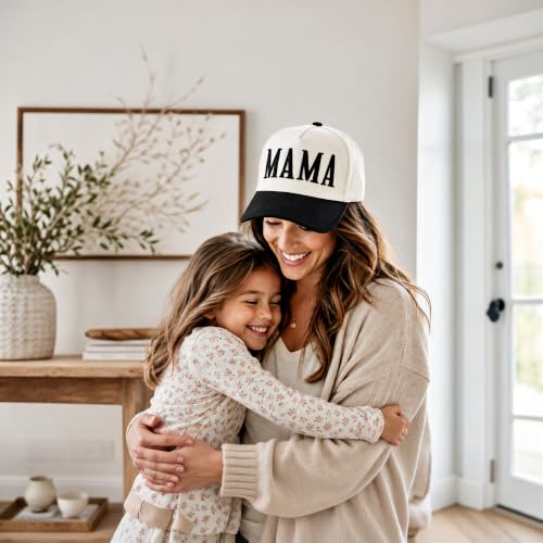 Image of Women's Mama Trucker Hat Trendy, Embroidered Adjustable Mom Baseball Cap, Two-Tone Ponytail Hat for Outfits