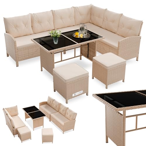 Juskys Salon de Jardin Manacor en résine tressée - mobilier extérieur avec canapé d’Angle Table Repas 2 poufs et Coussins - crème Sable