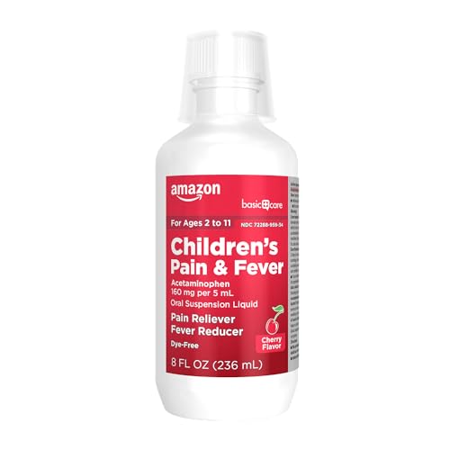 Image of Amazon Basic Care Children's Pain and Fever, Acetaminophen 160 mg per 5 mL Oral Suspension, Dye-Free Cherry Flavor, 8 fl oz