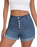 MARIASHA Jean Shorts Womens High Waisted Stretchy Jean Shorts for Women Trendy Button Fly Rolled Hem Denim Shorts Blue 2XL