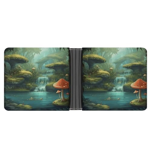 View of Fantasy River Mushroom Men Wallet Slim Thin Credit Card Women Money Clip Leather Bifold Front Pocket Wallets