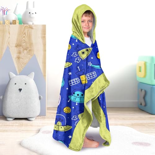 Image of Universe Boys Beach Towel with Hoodie for Kids Toddlers Age 4-8,Starry Sky Blue Bath Towels Shower Wrap for Boys, Hooded Poncho Beach Blanket for Pool Swimming Cute Wearable Bath Towel for Child
