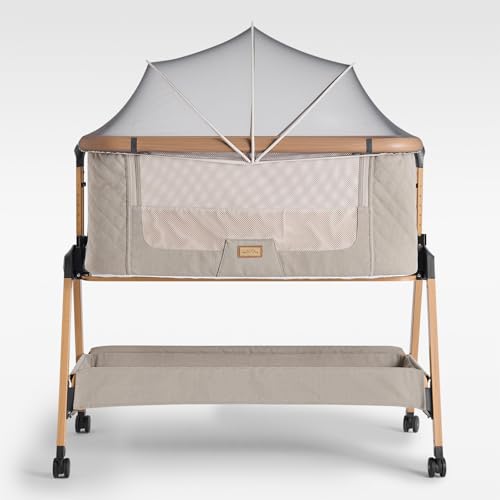 Love For Sleep SnooBee Beistellbett Baby & Co-Sleeper – Höhenverstellbares Babybett mit Matratze, Rollen mit Bremse, atmungsaktive Mesh-Seiten & Moskitonetz, faltbar mit Tragetasche (0–6 Monate)