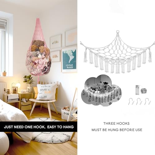 Image of Amdermi Stuffed Animal Hammock Corner Hanging Net for Stuff Animal Storage Macrame Toy Display Plush Toy Holder-Perfect for Tiny Space Walls-Kid Bedroom Decor Nursery Playroom Organizer (Light Pink)