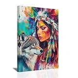 SWQYLB Native American Wall Art Indian Woman Feathered Headdress Picture Prints Abstract Colorful Chief Tribal with Wolf Canvas Painting Indian Wall Decor Framed (12.00' x 18.00')