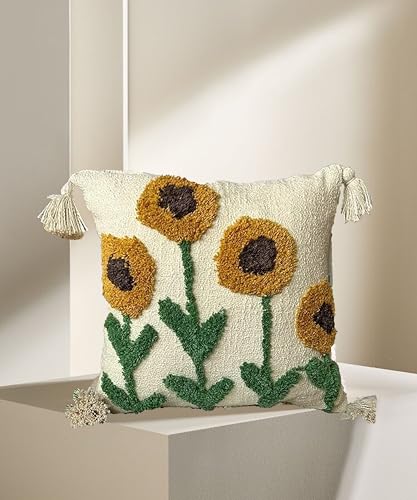 Image of Tarantaran Tufted Decorative Throw Pillow Cover, Blue and White Geometric Pattern with Tassels, 40.6 x 40.6 cm, Modern Square Pack of 2 (Sunflower)