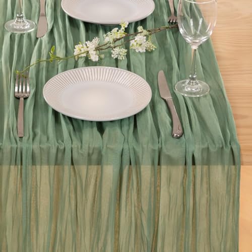 Image of MLMC 3 Pack Sage Green Table Runner 10ft Rustic Boho Cheesecloth Table Runner Summer Cheese Cloth Centerpiece Decor 35x120 Inches for Wedding Bridal Baby Shower Decor