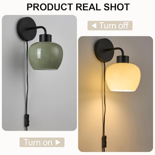 Image of Modern Wall Sconces, Olive Green Milk Glass, Matte Black Finish | Plug-in Wall Lamp, Industrial Boho Lighting, For Bedroom, For Living Room