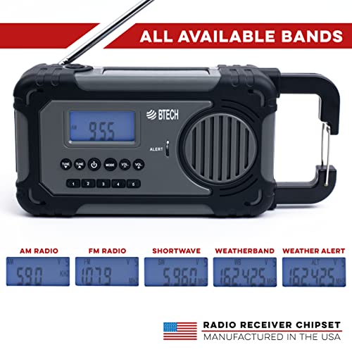 Btech Er-V1 Emergency Solar Hand Crank Portable Radio, Am/Fm/Noaa/Sw Radio Receiver, 5 Ways To Power With 2000Mah Power Bank Phone Charger, Usb Charger And Led Flashlight #TOP2