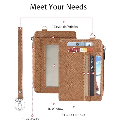 Image of SEAVILIA Small Wallet for Women Slim Wristlet Keychain Wallets RFID Credit Card Holder With Zipper Pocket, ID Window (Brown)