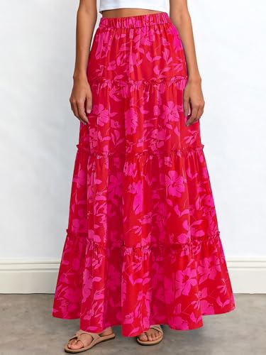 BTFBM Floral Maxi Skirts for Women Summer Spring 2026 Elastic Waist Tiered Flowy Beach Vacation Outfits Boho Long Skirt(Floral Red Pink, Large) — view 5