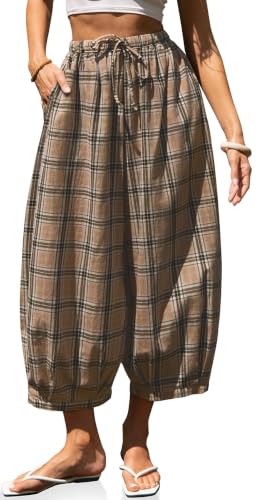 Image of TARSE Women's Plaid Cotton Linen Wide Leg Pants with Pockets