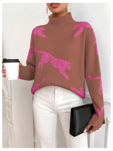 Image of WDIRARA Women's Leopard Tiger Print Sweater High Neck Long Sleeve Fuzzy Knitted Pullover Top