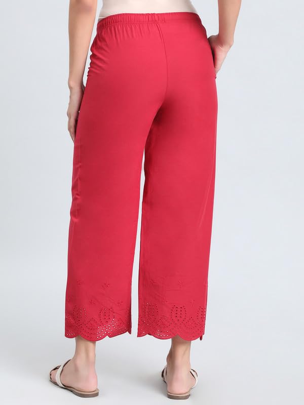 Image of GO COLORS Women's Cotton Hakoba Palazzo | Ankle Length, Schiffli Embroidery, Relaxed Fit, Mid-Rise with Side Pocket
