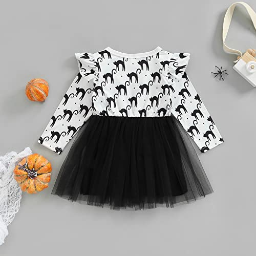 Toddler Baby Girl Halloween Outfit Pumpkin Ghost Print Long Flare Sleeve Round Neck Dress Fall Spring Clothes #TOP2