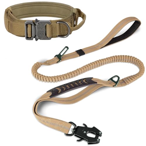 Joytale Tactical Dog Collar(17"-21") and Dog Leash Set, Shock Absorbing Bungee Dog Leash and Adjustable Strong Dog Collar with Handle for Large Dogs(Khaki, L)