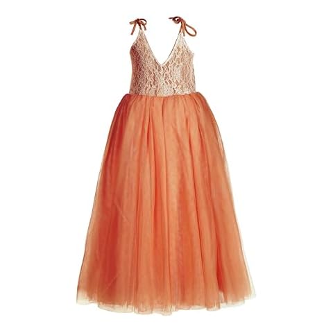 Everweekend Burnt Orange Flower Girl Lace Dress, Tween Girl Full Length Straight Tulle Boho Fancy Photoshoot Long Party Dresses (Burnt Orange Straight, 10 Years) Cover