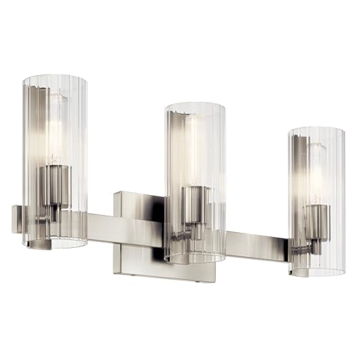 Image of Kichler Jemsa 3-Light Bathroom Vanity Light Fixture, Modern Wall Mount with Clear Fluted Glass in Brushed Nickel for Powder Room or Mirror (9.75 inch x 22.75 inch), 55168NI